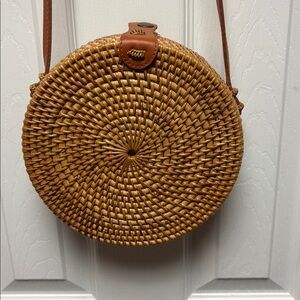 Brown Woven Round Crossbody Bag
